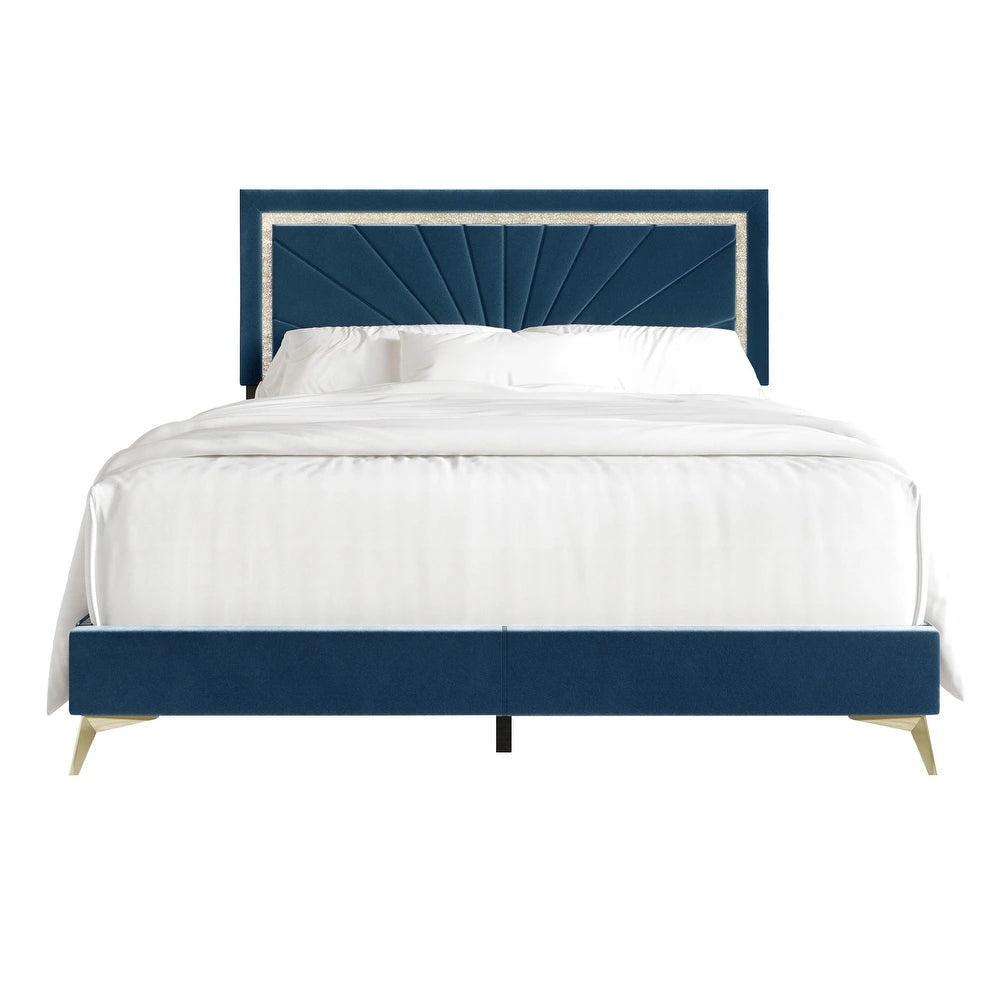 Luxo Nation CraftPorch Luxurious Diamond Strip Velvet Upholstered Bed in Navy Blue - Queen